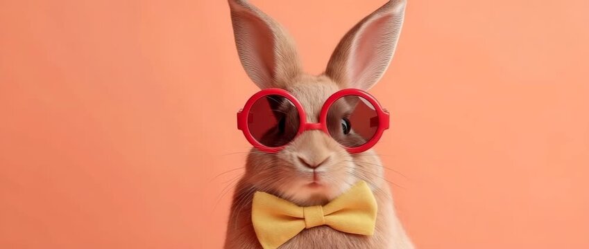 A funny rabbit wearing red sunglasses and a yellow bow tie. Close-up portrait of a cute bunny with a surprised, talking expression. Vertical video animation