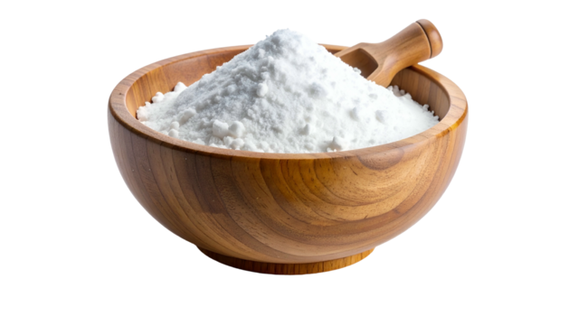 A wooden bowl overflowing with a fine, white powder and a small scoop resting within