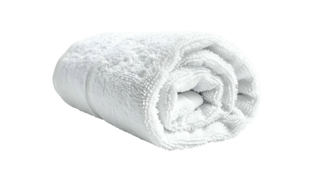 A tightly rolled, fluffy white towel against a black background