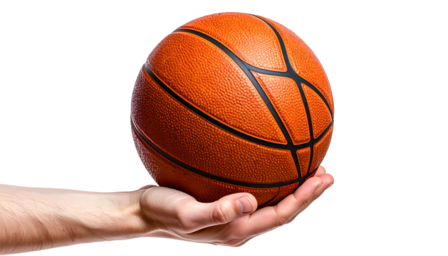 A hand cradles a basketball against a stark black background, showcasing the sphere's texture