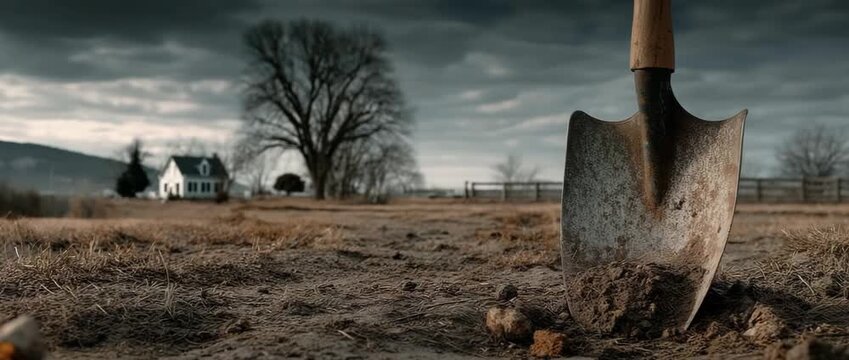 A dirty shovel stuck in the ground on a moody, dramatic day. Cinematic shot of a rural farm under a stormy sky. Hard labor or mystery concept