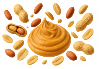 Peanut butter swirl with falling peanuts and groundnuts, creamy nut spread, healthy food ingredient, transparent background