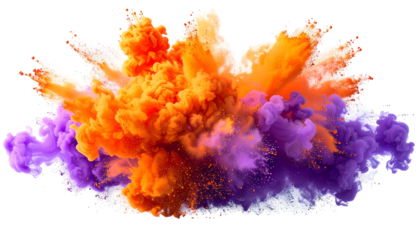 Vivid explosion of orange, purple, and white powder creating a dynamic, cloud-like effect