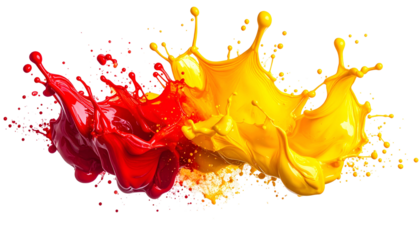 Dynamic image of merging red and yellow paint splashes with fine detail on a black backdrop