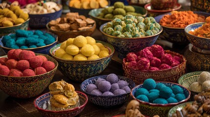 Vibrant bowls overflow with colorful, sweet confections and traditional Middle Eastern desserts, perfect for festive celebrations and culinary inspiration.