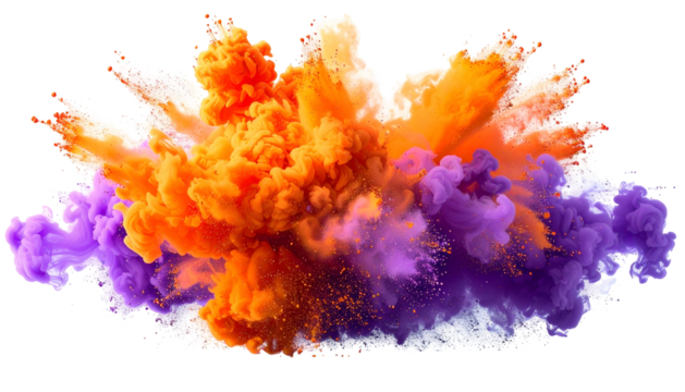 Vivid explosion of orange, purple, and white powder creating a dynamic, cloud-like effect