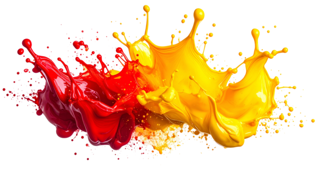 Dynamic image of merging red and yellow paint splashes with fine detail on a black backdrop