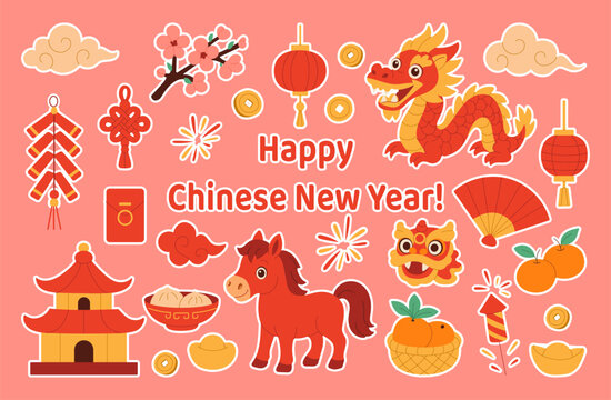 A vibrant poster featuring various Chinese New Year decorations, including a dragon, lanterns, and other symbols. The poster is titled "Happy Chinese New Year"