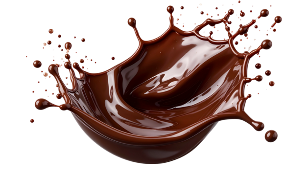 A dynamic, artistic depiction of a rich, flowing chocolate splash with intricate details