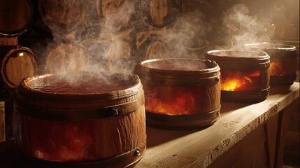 Steaming wooden barrels filled with rich amber liquid create a warm, inviting atmosphere for beverage production or relaxation scenes