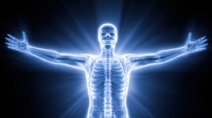 Human Skeleton Illuminated in Striking X-Ray Style Against a Dark Background, Showcasing the Structure and Form in an Artistic Representation