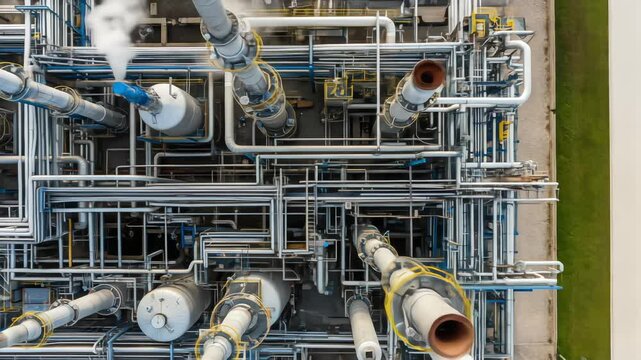 An intricate top-down aerial view of an industrial refinery, showcasing a complex web of pipes, tanks, and steaming vents