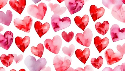 A vibrant watercolor pattern featuring numerous red and pink hearts scattered across a clean white background, evoking feelings of love and affection.