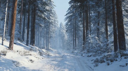 a wintry forest path covered in snow