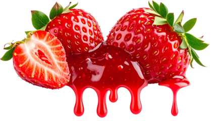 Close-up of ripe strawberries with jam, one sliced, dripping