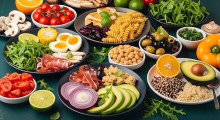 Colorful Assortment of Fresh and Prepared Ingredients on Teal Surface — Healthy Vegetables, Grains, Proteins, and Greens for Balanced Meal Prep