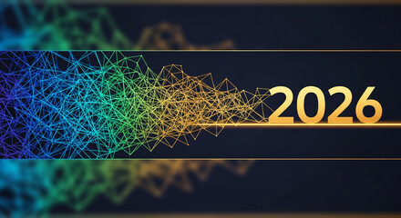 Digital illustration of connected lines forming mesh and number 2026 in gold color on dark background, symbolizing future trends and network connection