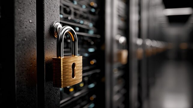 data security padlock on server rack symbolizes network safety and the protection of information