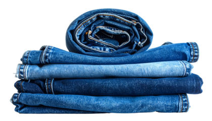 A stack of various shades of blue denim folded jeans, with one rolled on top