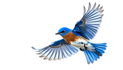 Obraz premium A vibrant blue bird in mid-flight against a black background, wings outstretched