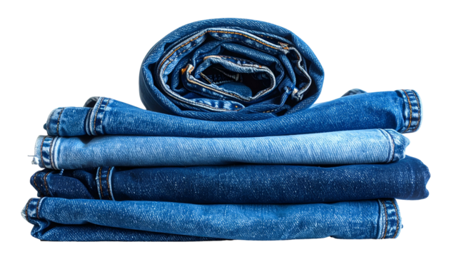 A stack of various shades of blue denim folded jeans, with one rolled on top