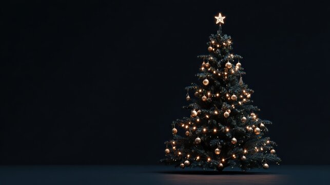 elegant minimalistic christmas tree adorned with golden ornaments and lights against a dark background christmas tree minimalism decorations ornaments lights golden star festive warm dark ba - Powered by Adobe