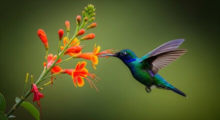 Hummingbird in Mid-Flight Feeding from Vibrant Flowers — Iridescent Feathers and Natural Pollination in Lush Green Setting