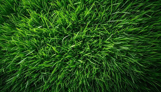 A close-up, high-angle view of lush green grass blades, showcasing their vibrant color and texture.