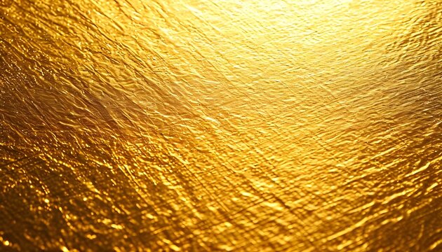 A close-up macro shot of a crinkled and textured gold foil surface with a bright, glowing light reflection in the corner. - Powered by Adobe