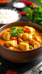 Close-up of delicious chicken curry with rice and fresh herbs