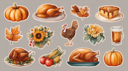 A collection of Thanksgiving stickers and pictures. Corn, sunflower, cider, apples, pumpkins, turkey, pumpkin pie, roast turkey and fall foliage.