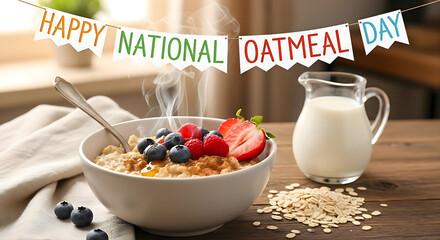 Happy national oatmeal day with fresh berries and milk