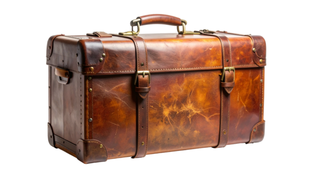 A weathered, brown leather vintage suitcase with straps, buckles, handle, and corner protectors