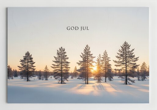 Scandinavian God Jul Christmas card, winter landscape with snowy pine trees at sunset, minimalist Swedish holiday greeting card with golden light