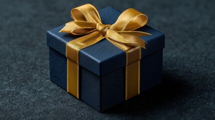 gift box with ribbon dark blue gift box with gold satin ribbon on dark background top view of birthday gift box