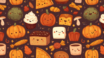Kawaii cuisine in the autumn. Happy Thanksgiving and typical adorable icons for Halloween.