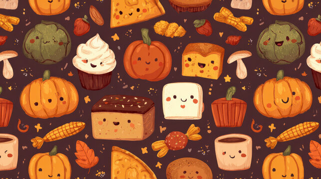 Kawaii cuisine in the autumn. Happy Thanksgiving and typical adorable icons for Halloween.