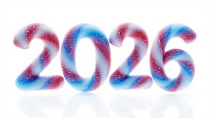 Festive 2026 numbers designed as candy canes with red, white, and blue stripes on a white background, symbolizing winter and holiday celebrations
