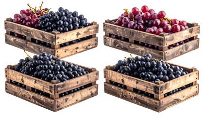 Four wooden crates overflowing with red and purple grapes on a black background