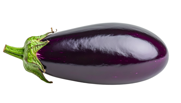 Close-up of a glossy, purple vegetable with green stem and sepals on a black background