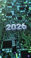Fototapeta premium Digital rendering of green electronic circuit board with visible components forming number 2026, symbolizing progress, future, technology, innovation