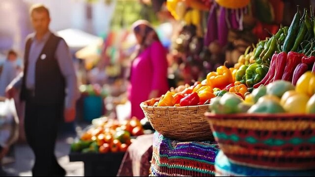 A lively market scene filled with vibrant fruits and vegetables.