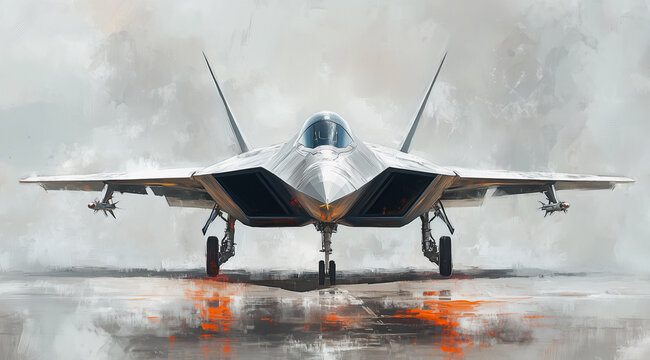 Digital painting of modern stealth fighter jet on runway with artistic textured background