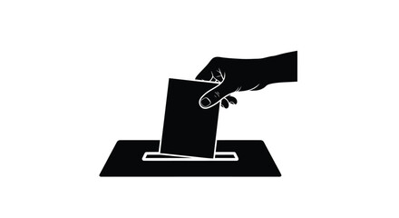 A hand inserting a ballot into a black voting box silhouette