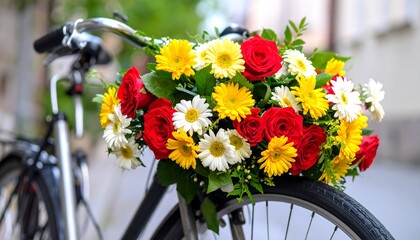 Colorful flower bouquet in a bicycle basket