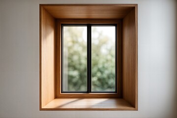 Oak Window Frame In A Minimalistic Indoor Setting With Natural Light Filtering Through A Double Glazed Pane Framing Blurred Foliage Outside