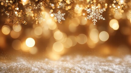 holiday background with golden bokeh and snowflakes featuring a warm light glow christmas ambiance and blurred decorative lights perfect for festive overlay