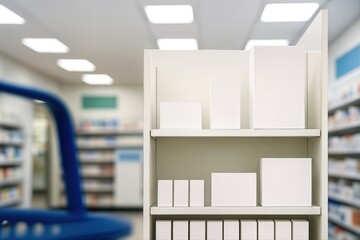 Pharmacy Aisle Endcap Displaying Empty White Packaging Boxes in a Brightly Lit Store Interior with Shelves and Modern Lighting Fixtures