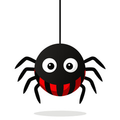Cute cartoon spider character with big eyes and a striped belly hanging