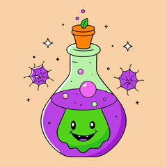 Cute halloween potion bottle with a happy green monster and spooky spider webs